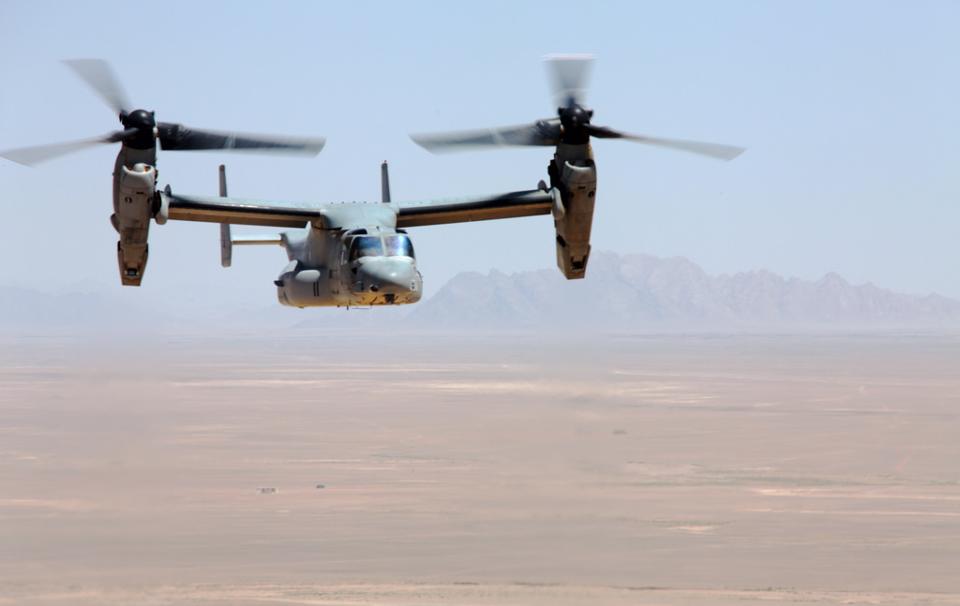 A V-22 Osprey in flight. The aircraft typically takes off with the rotors tilted upward for lift, and then shifts to airplane mode in flight to enhance speed and range. The rotors can pivot to the rear over 90 degrees to enable backward flight. 
