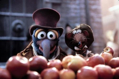 Gonzo and Rizzo in costume for A Muppet Christmas Carol.