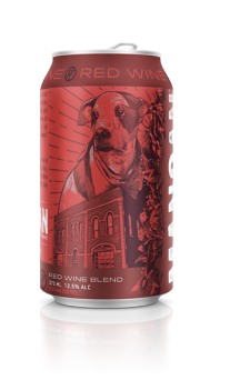 A can of red wine with a dog on its label.