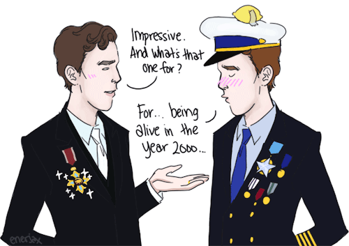 A gif of fan art for Cabin Pressure : “Impressive. And what’s that one for?” “For… being alive in the year 2000…”