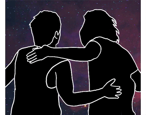 An animated gif: Harry and Louis, black with white outlines on a galaxy background, touch each other casually at shoulder and waist.