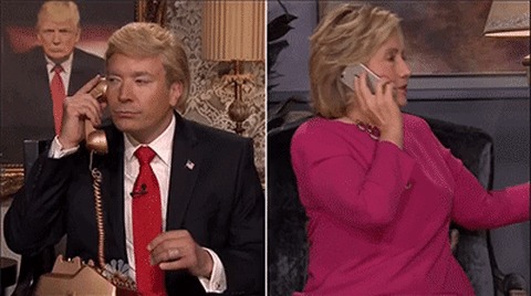 An image from a Saturday Night Live sketch of Hillary and Trump talking on the phone.