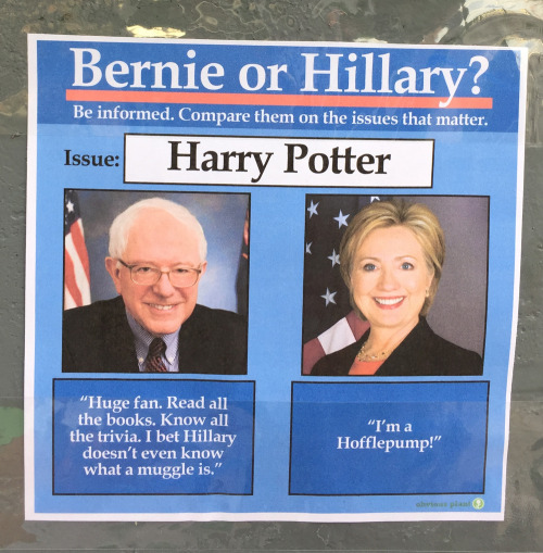 A photograph of a flyer reading ‘Bernie or Hillary? Be informed. Compare them on the issues that matter.’ Photoshopped in: the issue is “Harry Potter.” Bernie says, “Huge fan. Read all the books. Know all the trivia. I bet Hillary doesn’t even known what a muggle is.” Hillary says, “I’m a Hofflepump!”