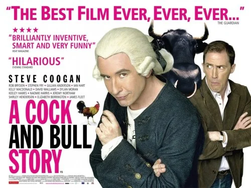 The poster for A Cock and Bull Story , featuring Steve Coogan in a wig.