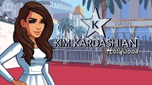 A promo image for Kim Kardashian: Hollywood. Cartoon Kim stands on a red carpet. You can see a KARDASHIAN sign in the distance.