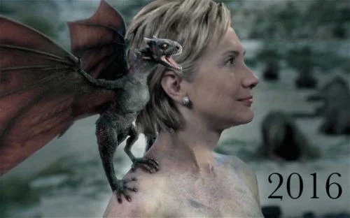 Hillary Clinton, as Daenerys Targaryen emerging from the fire with a dragon on her shoulder
