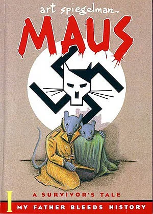 The cover of Maus , by Art Spiegelman. Two mice kneel under a swastika with a cat’s head superimposed on the swastika’s center.