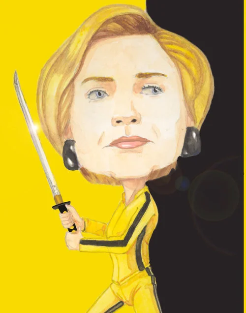 Hillary Clinton in the yellow tracksuit and carrying the samurai sword of The Bride, from Kill Bill .