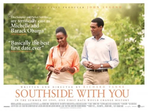 The poster for Southside With You , featuring Tika Sumpter as Michelle Obama and Parker Sawyers as Barack Obama. They are walking in a green space.