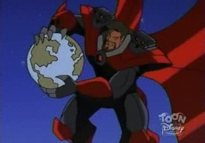 An animated gif of Xanatos crushing the Earth between his hands.