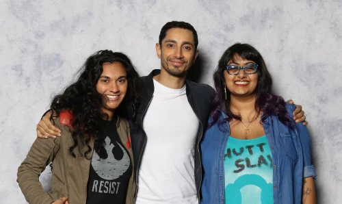 Swapna (L) and Preeti (R) in a posed photo with Riz Ahmed.