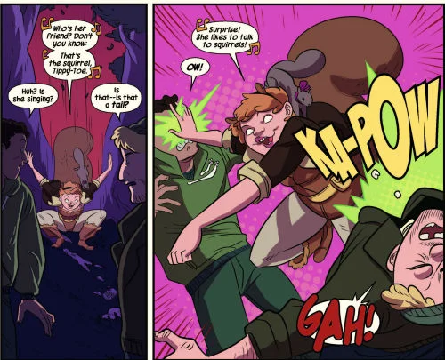 Two panels of the Squirrel Girl comic. In the first, Squirrel Girl (in costume, with her tail out, accompanied by the actual squirrel Tippy-Toe) drops out of a tree in front of two bad guys singing (presumably to the Spider-Man tune) “Who’s her friend? Don’t you know: that’s the squirrel, Tippy-Toe.” The bad guys react: “Huh? Is she singing?” “Is that—is that a tail ?” In the next panel, Squirrel Girl punches the bad guys, who react with “OW!” and “GAH!” She sings, “Surprise! She likes to talk to squirrels!”
