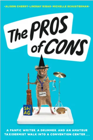 The cover of the novel The Pros of Cons, featuring a taxidermied mouse wearing a wizard hat and playing percussion instruments.