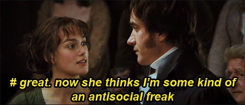 An animated gif of Darcy, from the 2000s Pride and Prejudice film, interacting with Elizabeth and thinking “great. now she thinks i’m some kind of an antisocial freak. which i am.”