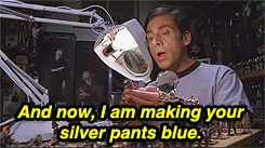 An animated gif from The Forty Year Old Virgin. Painting a minifig, saying “And now, I am making your silver pants blue.”