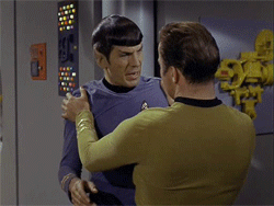 An animated gif of Kirk speaking seriously to Spock and running his hands down Spock’s shoulders/upper arms. It’s very slashy.