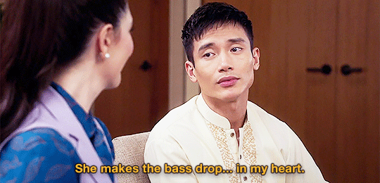 An animated gif from The Good Place : Jason says “She makes the bass drop… in my heart” to Janet.