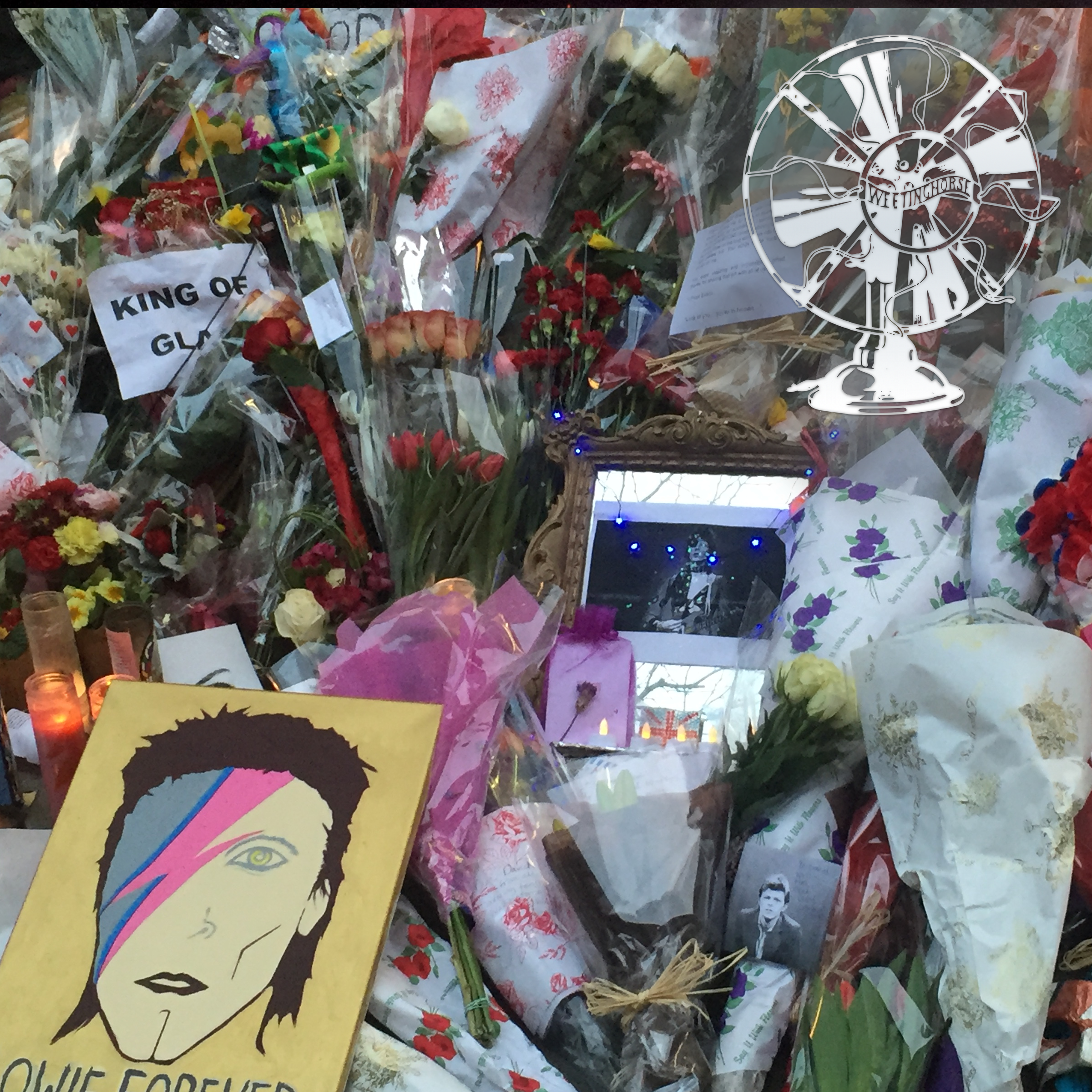Episode 14’s cover: flowers and gifts piled in memory of David Bowie.