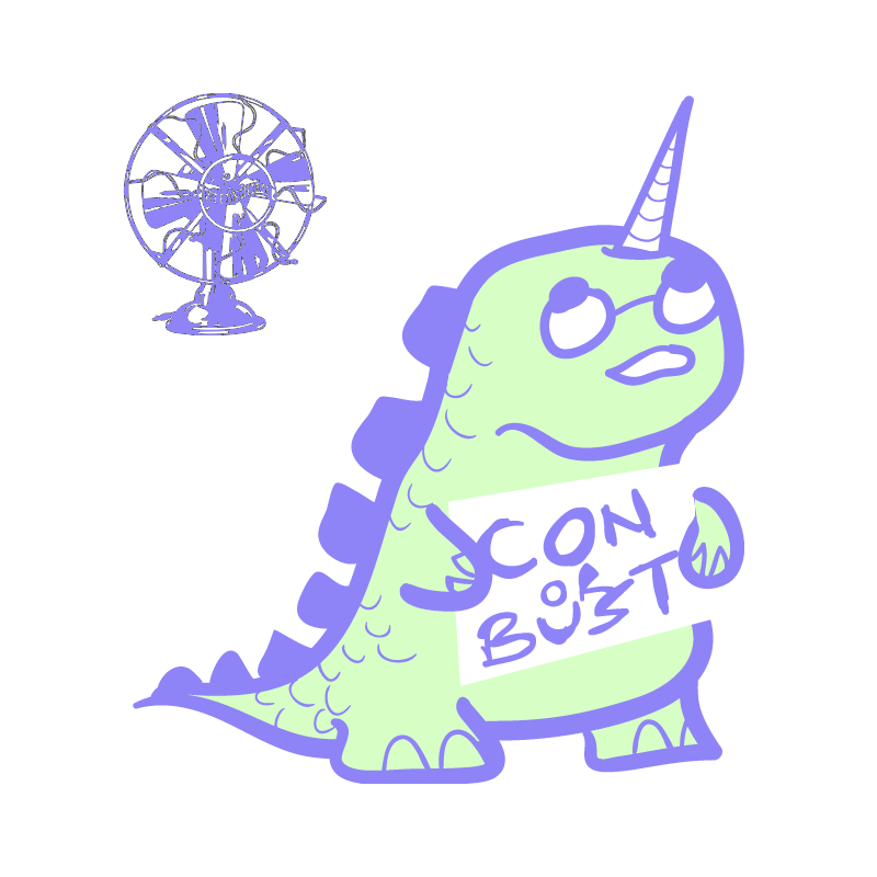 Episode 48’s cover: the Con or Bust logo, a dinosaur with a unicorn horn holding a sign reading “CON OR BUST.”