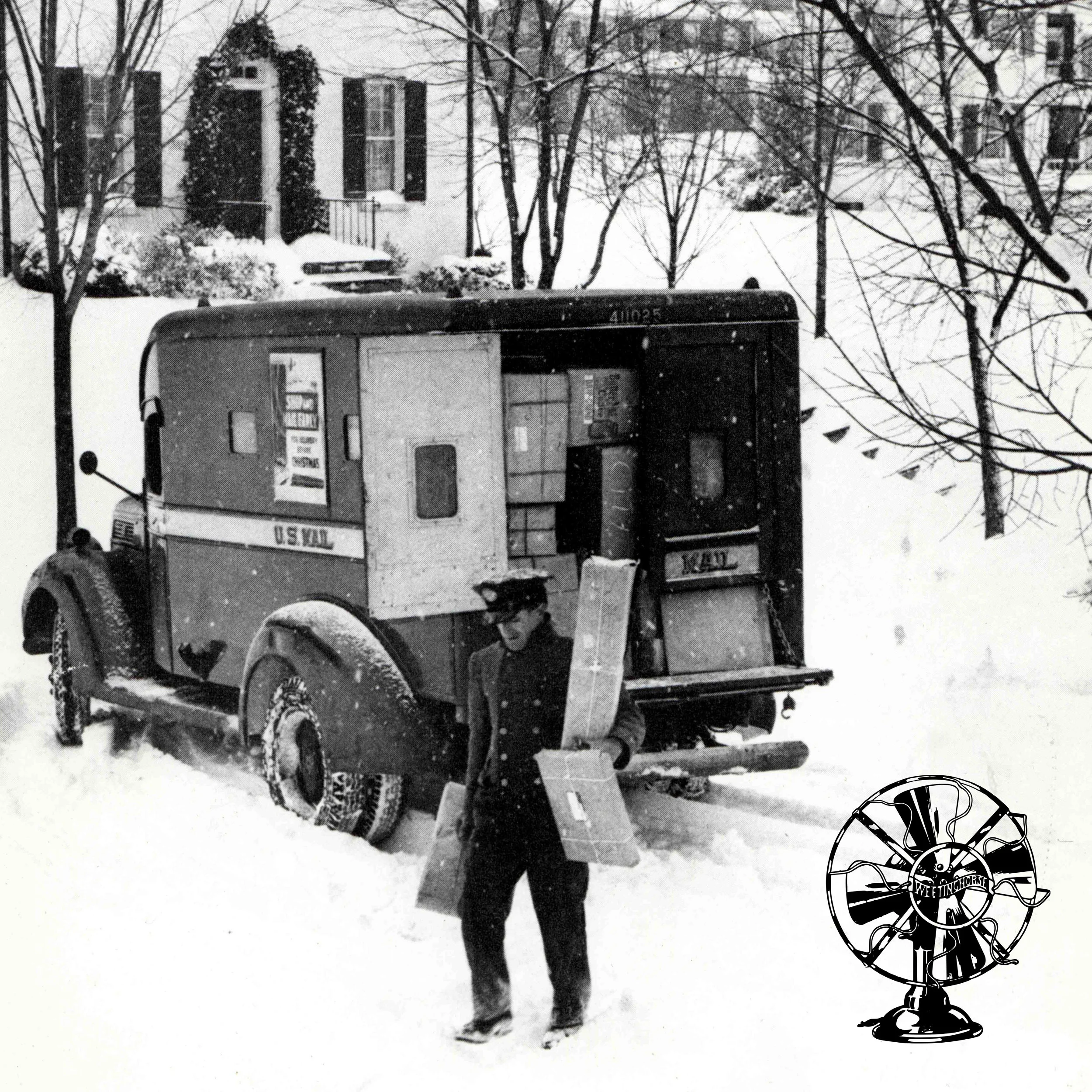 Episode 92’s cover: an old photo of a mail carrier delivering packages through the snow.