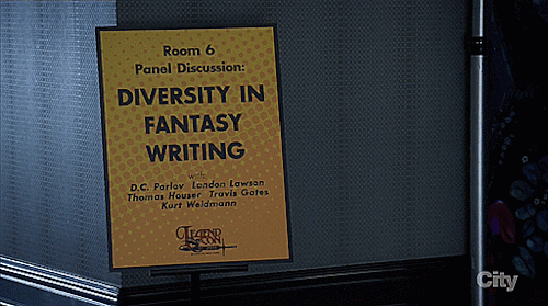 Gif: a room card reading ROOM 6 PANEL DISCUSSION: DIVERSITY IN FANTASY WRITING.