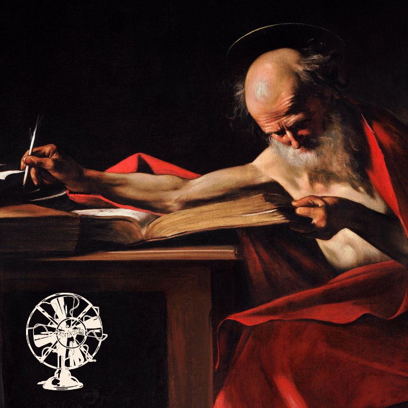 Special Episode 7’s cover: A saint stretches out over a book, writing in it.