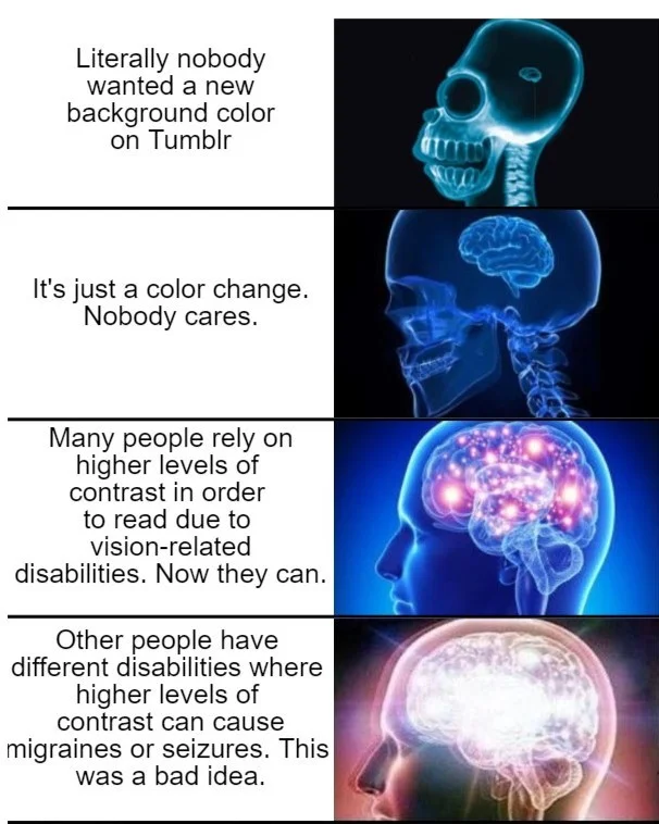 Galaxy brain meme with a series of images. Caption 1: Literally nobody wanted a new background color on Tumblr. Caption 2: It’s just a color change. Nobody cares. Caption 3: Many people rely on higher levels of contrast in order to read due to vision-related disabilities. Now they can. Caption 4: Other people have different disabilities where higher levels of contrast can cause migraines or seizures. This was a bad idea.