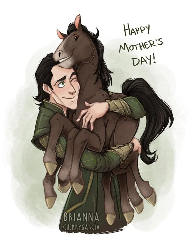 A cartoon of Loki holding Sleipnir the eight-legged horse, with the caption “Happy Mother’s Day.”