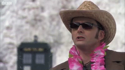 Animated gif of the Tenth Doctor in a snowy landscape wearing a pink lei, straw cowboy hat, and sunglasses turning to "lock" the TARDIS with a remote key. Gif cuts briefly to a quizzical Ood cocking their head.