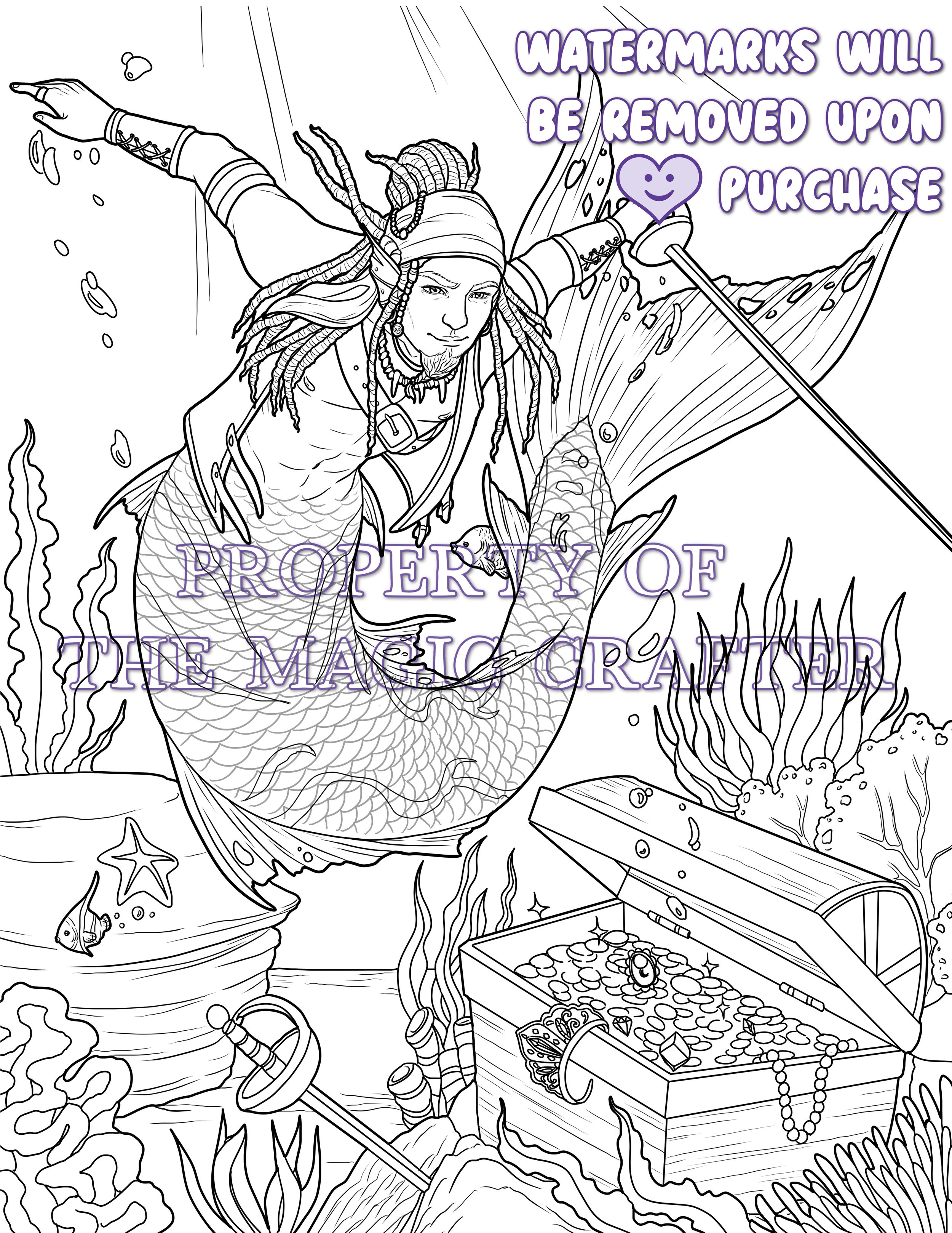 merman pirate coloring page - black mermaid man - the magic crafter.jpg