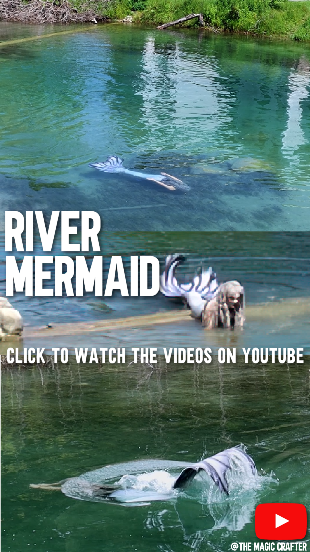 A long vertical image showing three pictures of the same mermaid in a river. The mermaid is silver, white and purple. The photos are all of Mermaid Phantom from The Magic Crafter.