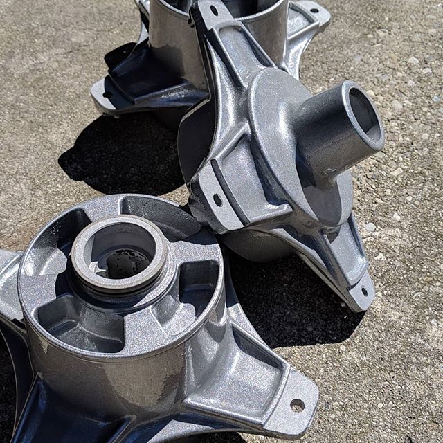 For all you vintage motorcycle fans, here are a couple shots of a few Honda CT70 hubs. A high metallic silver with deep gloss clear coat turns old OEM parts into better than new condition. #vintagehonda #honda #ct70 #silvermetalic #powdercoat #restoration