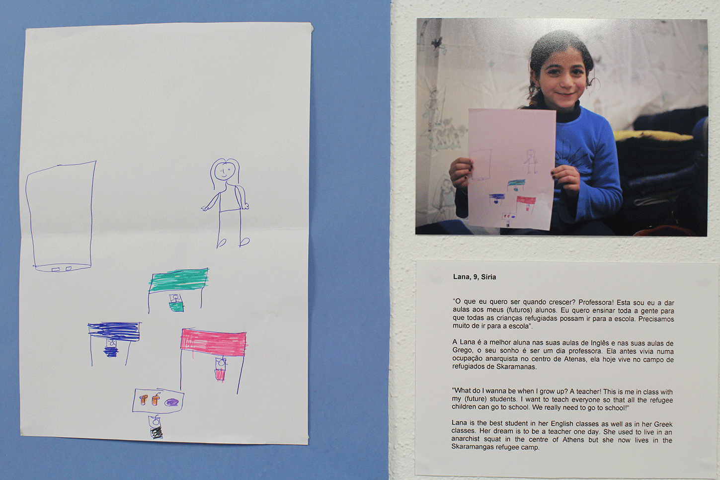Lana, 9, Síria “O que eu quero ser quando crescer? Professora! Esta sou eu a dar aula aos meus (futuros) alunos. Eu quero ensinar toda a gente para que crianças refugiadas possam ir a escola. Precisamos muito de ir para escola.” A Lana é a melho
