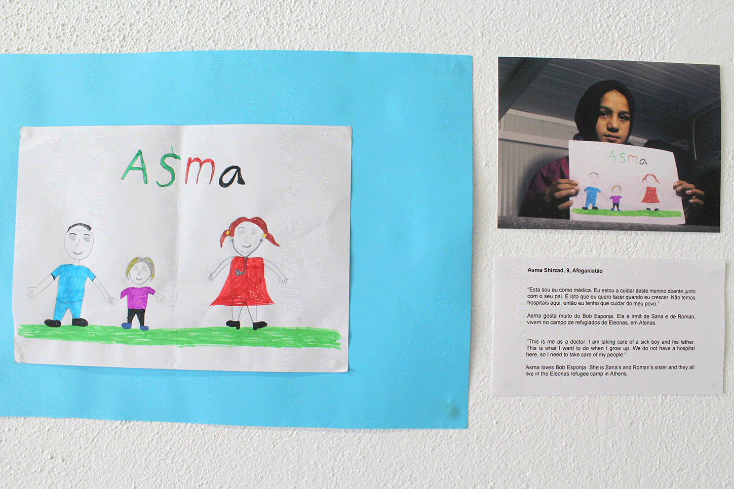 Asma Shirzad, 9, Afeganistão “Esta sou eu como médica. Eu estou a cuidar deste menino doente junto com seu pai. É isto que quero fazer quando crescer. Não temos hospitais aqui, então eu tenho que cuidar do meu povo”. Asma gosta muito do Bob Espo