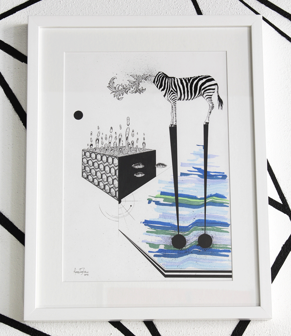 "Zebra riding a bike", 2015 | 54 x 43 cm - indian ink and watercolor on fabriano paper by Rique Inglez