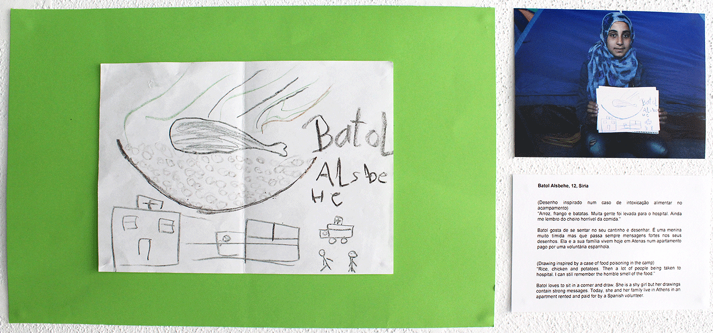 Batol Alsbehe, 12, Síria (desenho inspirado num caso de intoxicação alimentar no acampamento) “Arroz, frango e batas. Muita gente foi levada para o hospital. Ainda me lembro do cheiro horrível da comida.” Batol gosta de ficar em seu canto e des