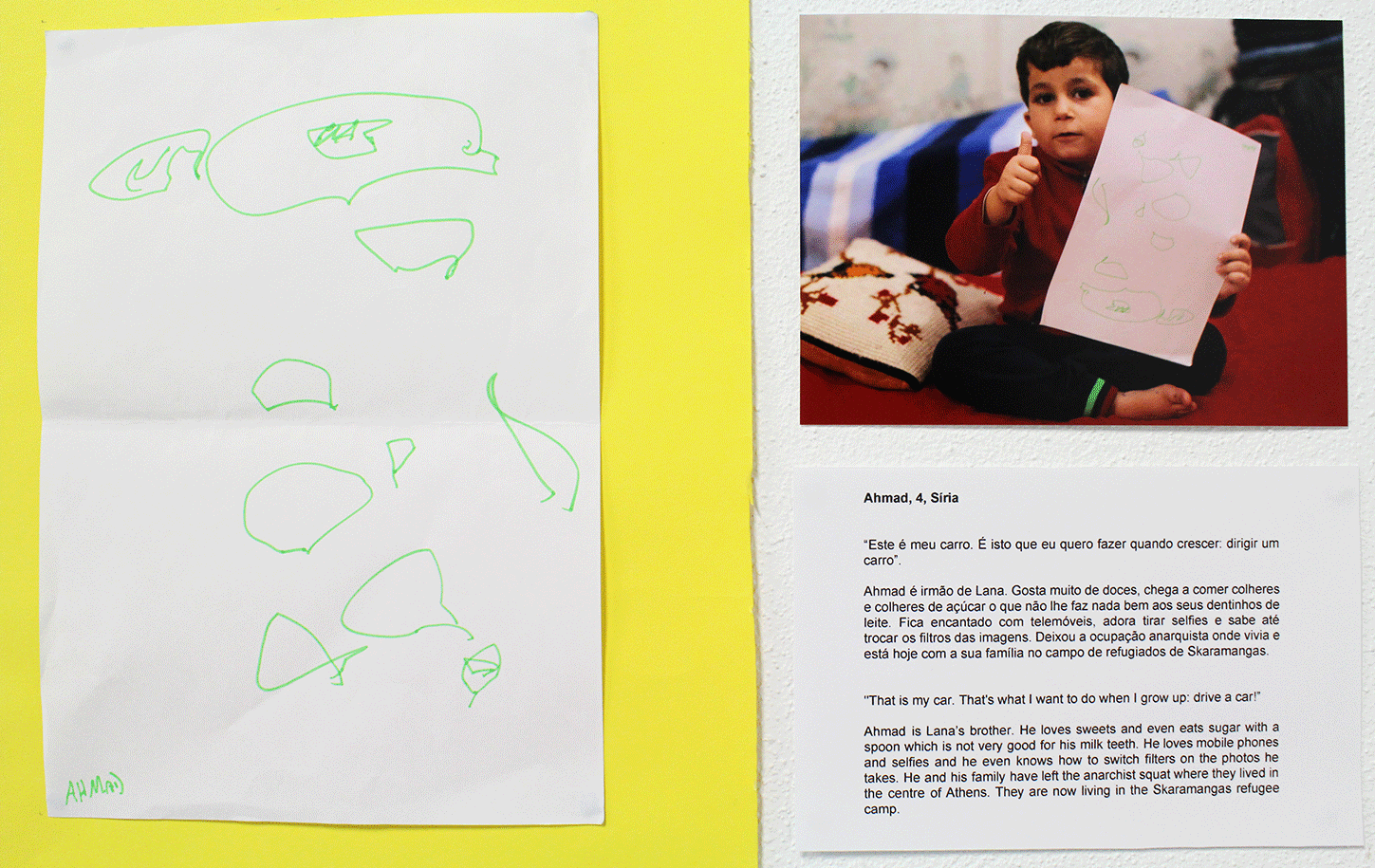 Ahmad, 4, Síria “Este é meu carro. É isto que eu quero fazer quando crescer: dirigir um carro”. Ahmad é irmão de Lana. Gosta muito de doces, chega a comer colheres e colheres de açúcar, o que não lhe faz nada bem aos seus dentinhos de leite. Fic