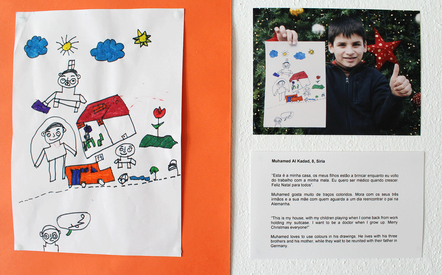 Muhamed Al Kadad, 8, Síria “Esta é a minha casa, os meus fihos estão a brincar enquanto eu volto do trabalho com a minha mala. Eu quero ser médico quando crescer. Feliz Natal para todos”. Muhamed gosta muito de traços coloridos. Mora com seus tr