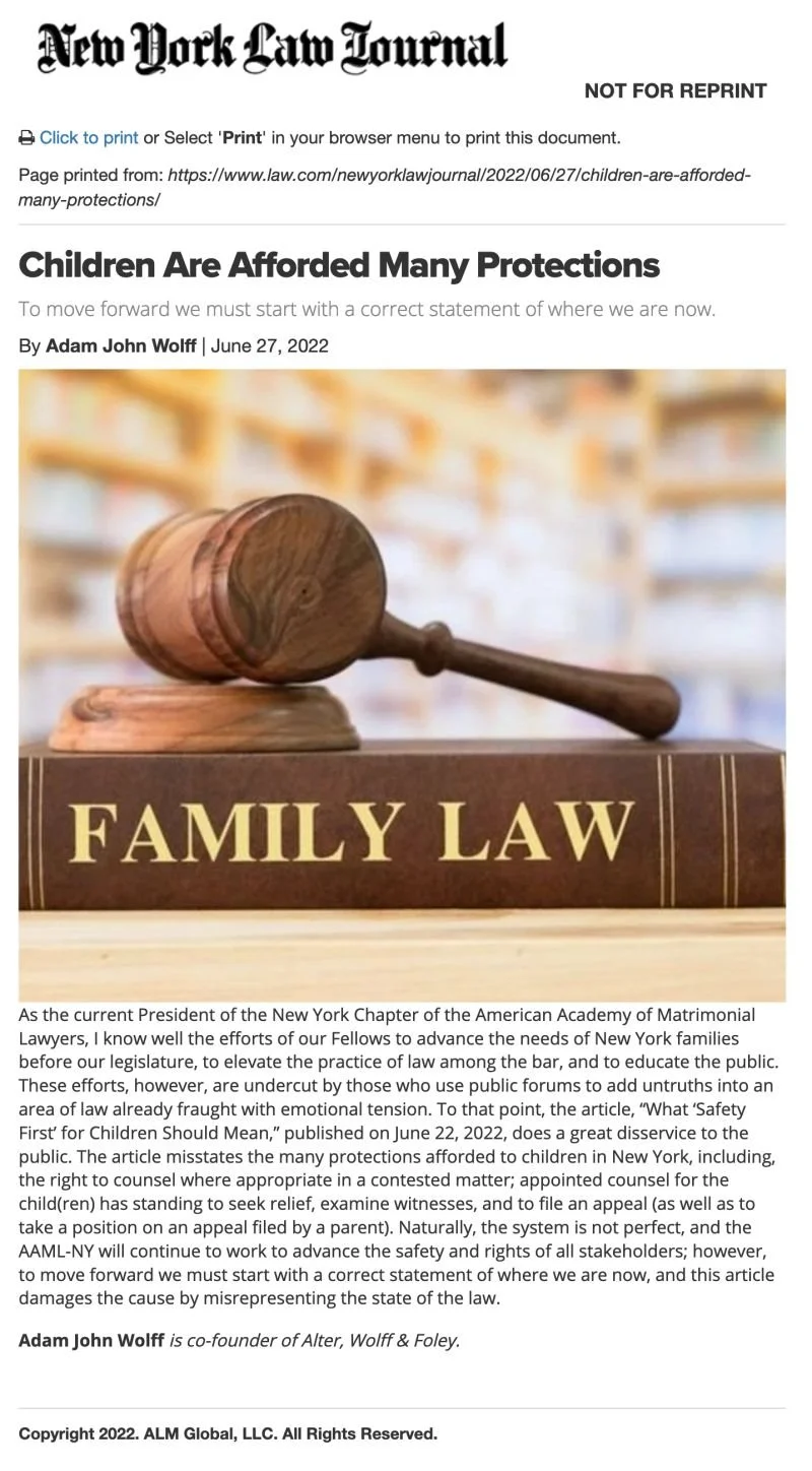The New York Law Journal Publishes Letter to the Editor from Adam John Wolff