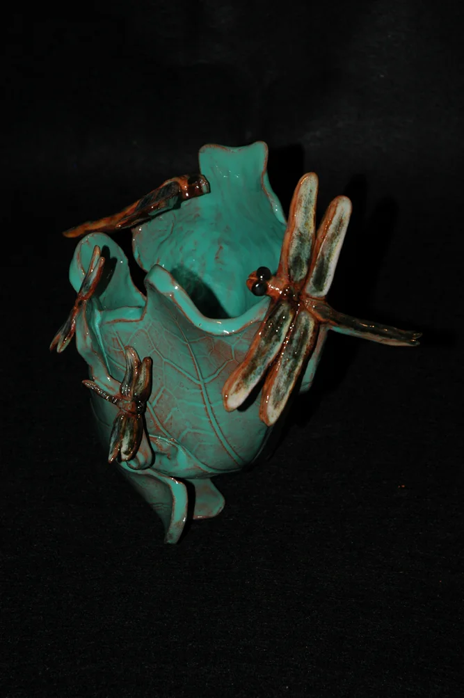 " Leaf and Dragonflies Vase ", Earthenware