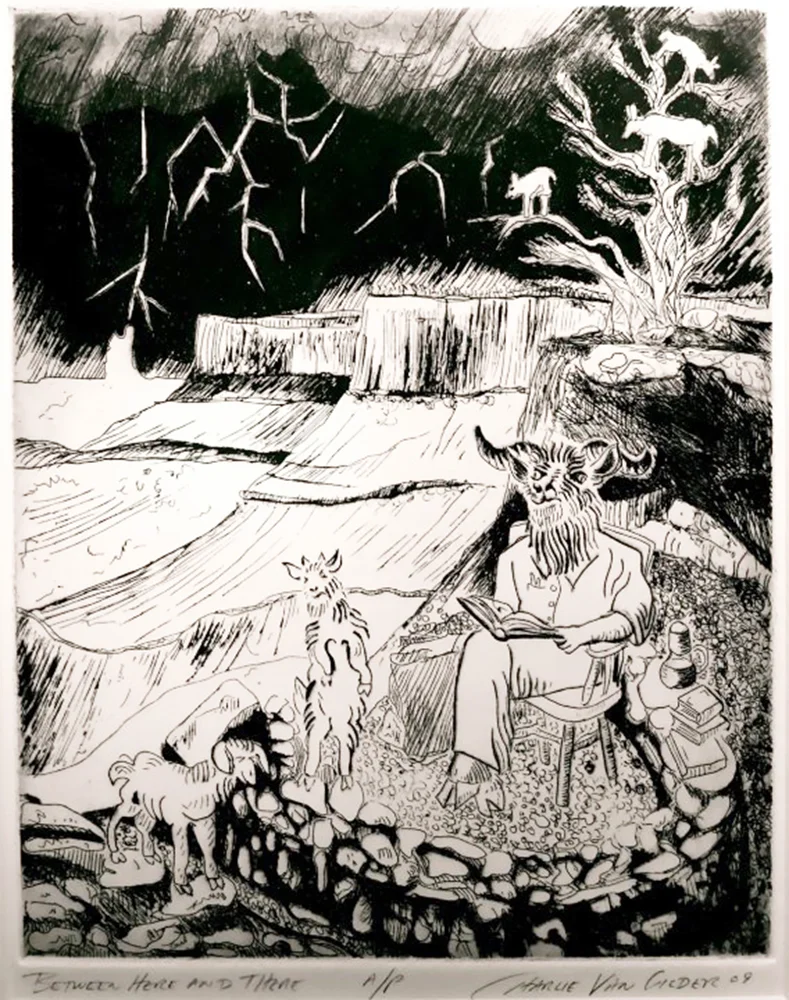 " Goat Man Reading to His Kids", Etching