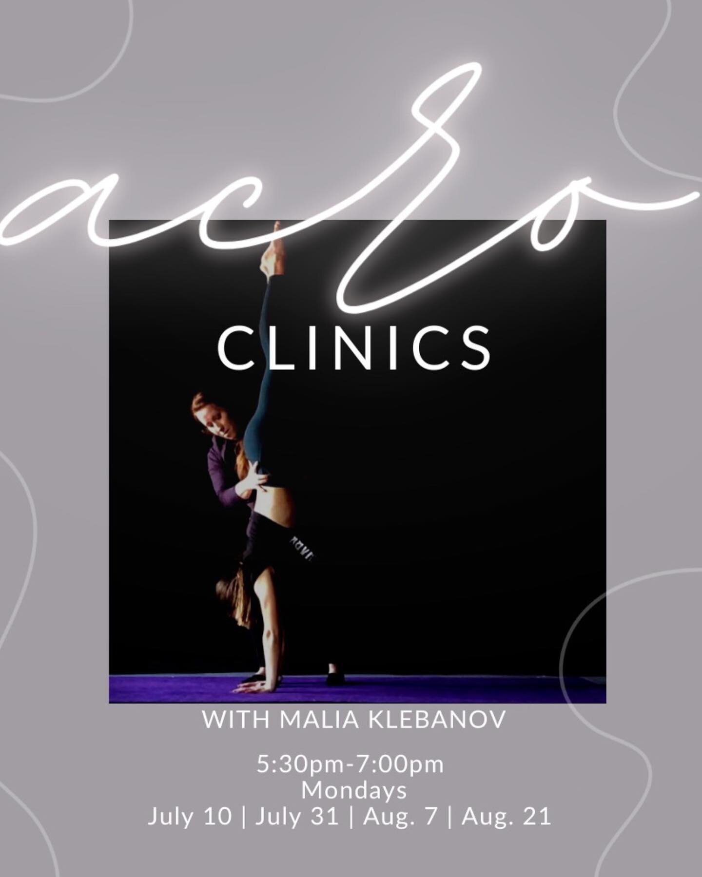 Acro Clinics with @maliaklebanov 
Age 9+ &nbsp; Int.-Adv level Only
July 10 | July 31 | Aug 7 | Aug 21
5:30-7:00pm
$25 per clinic OR all 4 for $80
