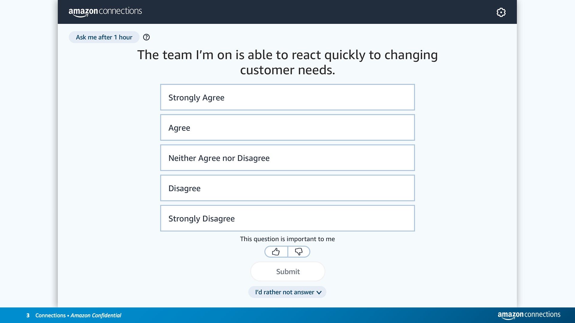 Since the launch in 2017, Connections has served as the company-wide mechanism to analyze employee sentiment over time with a simple daily question.