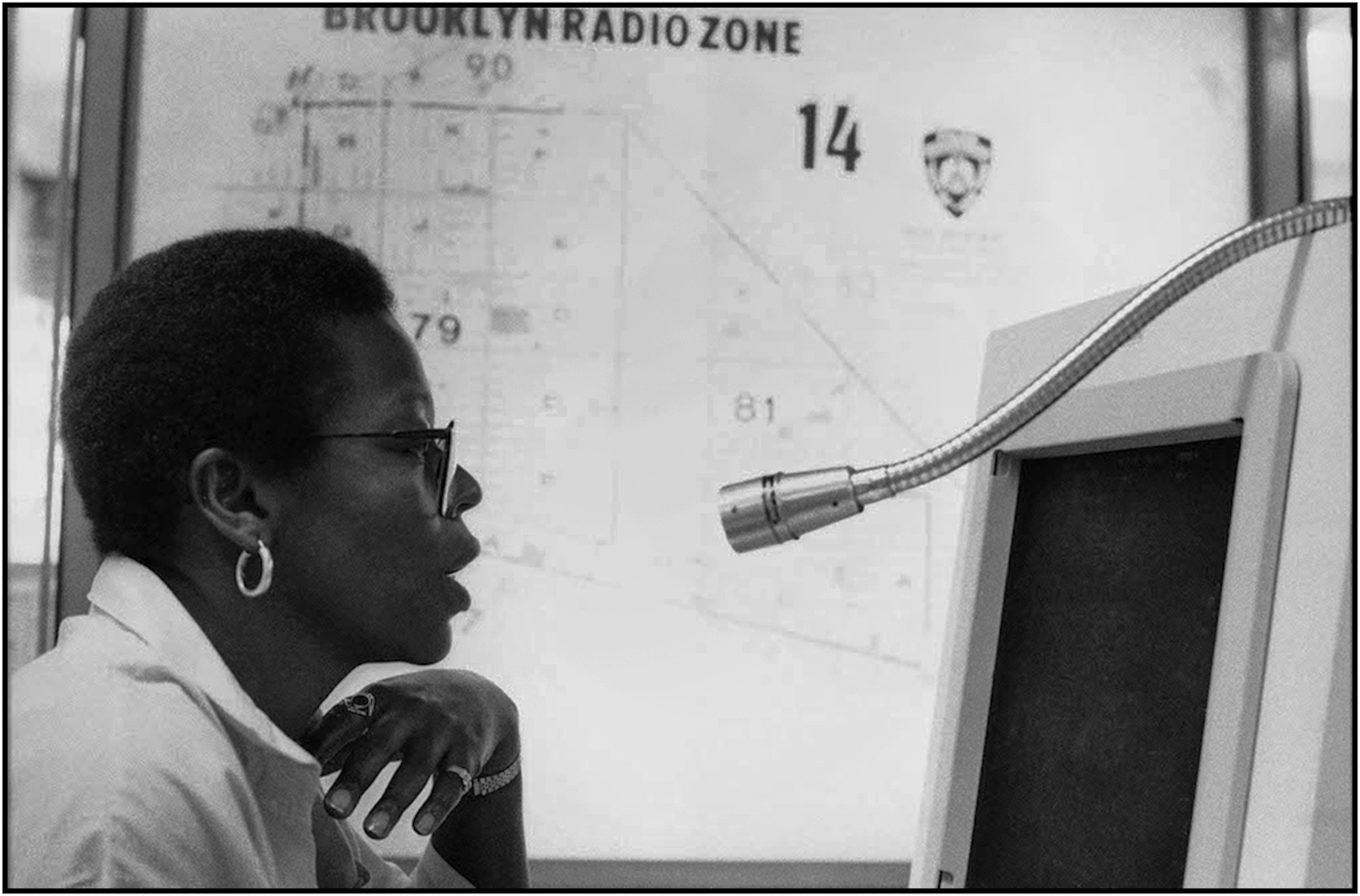   911 operator Cheryl Watts, a Police Communications Technician, at One Police Plaza, Manhattan. 1988.  