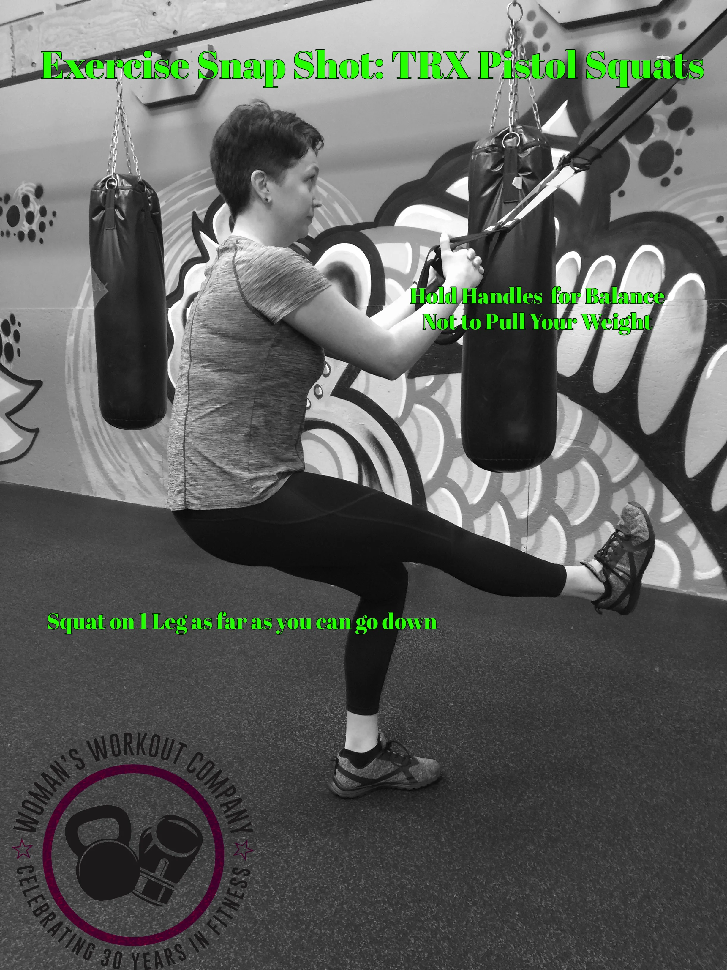 Step 1: Grasp onto the handles and raise your right leg out in front of you off the ground.Step 2: Next, begin exercise by squatting down with your left leg while keeping your right leg. Squat down as far as you can.Step 3: Drive thro…