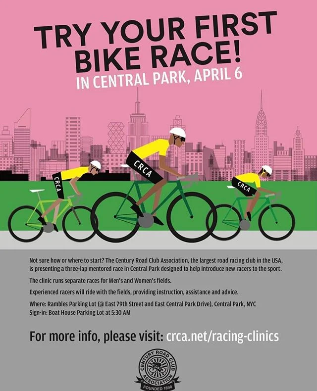 Our first Intro-to-Bike Racing Clinic is Saturday, April 6th! Details can be found at crca.net and register online: https://www.bikereg.com/crca-racing-clinic Tag a friend who should give bike racing a try in Central Park! #unitedcolorsofcrca #usacycling #bikenyc #cyclinglife #crcaracing