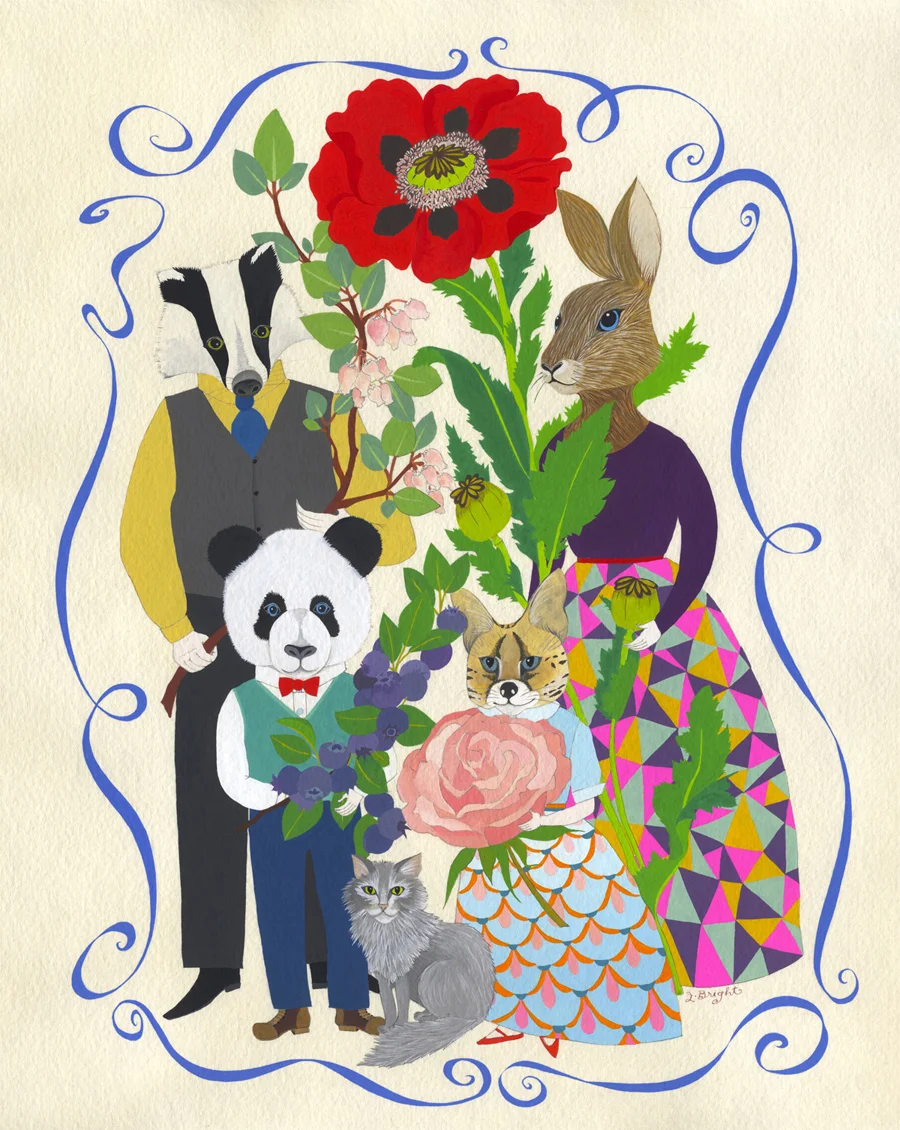 In Julianna's elemental portraits, subjects are asked to choose animals, plants, seasons, colors and other talismans. The result is an heirloom charged with personal power. (Hogue Family . 2015 . gouache on tea-stained paper.)