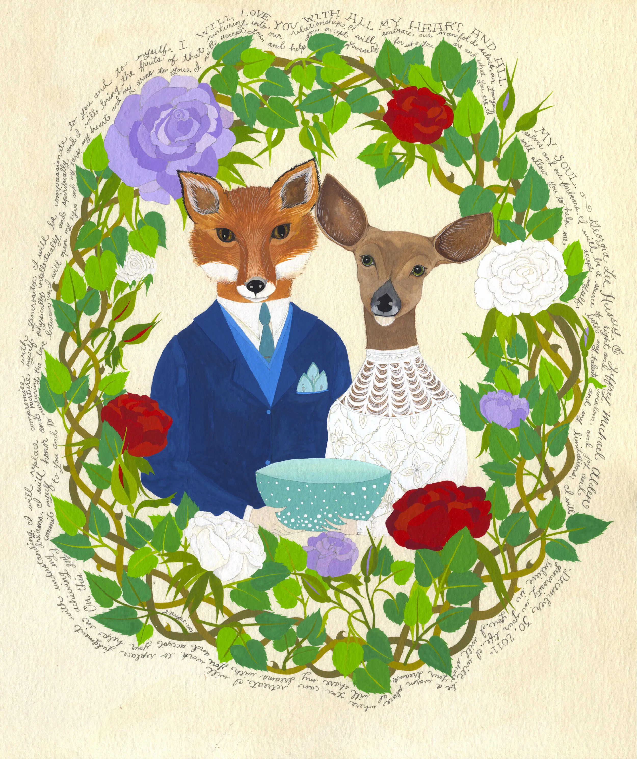 Jeff & Georgia . 2015 . Gouache & ink on tea-stained paper.)