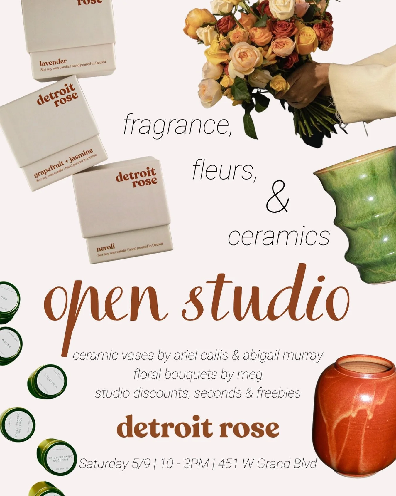 we heard a rumor that we moved out of our studio but not so! for proof of life, come by this Saturday May 9 for: a fresh bouquet by @_meg_bean aka my sister aka owner of the OG Posie Atelier (iykyk); a handmade vase by @potterybyariel and @abigailmur