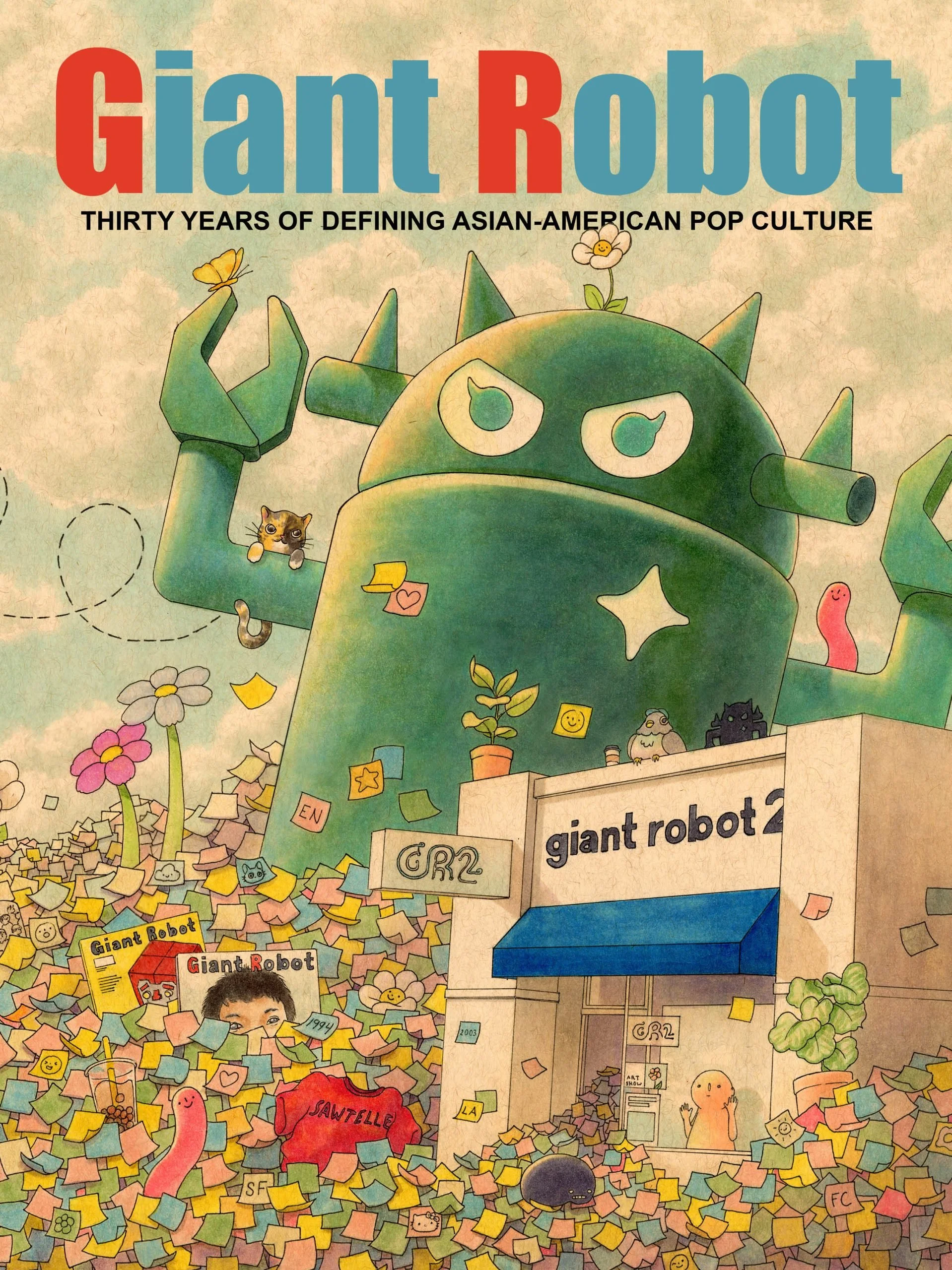 An image of a book cover featuring a big greenish robot, behind a building that says Giant Robot on the front with some magazine covers and tons of post it notes on the ground.